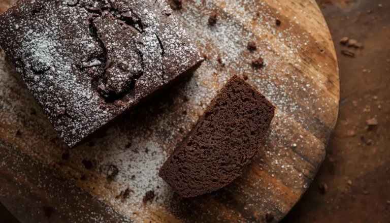 Sliced keto chocolate pound cake on a wooden board dusted with powdered sweetener