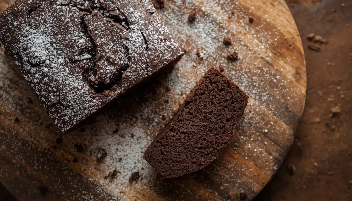 Keto Chocolate Pound Cake 1 Sliced keto chocolate pound cake on a wooden board dusted with powdered sweetener