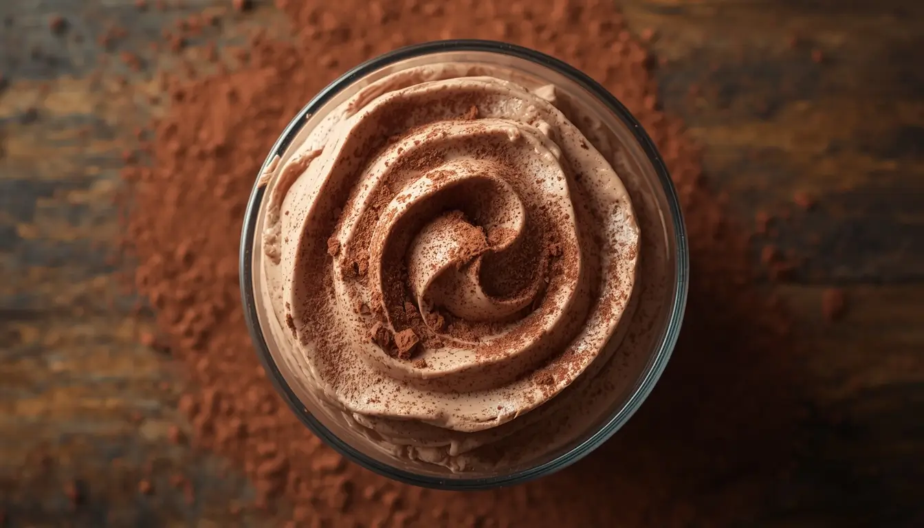 Keto Chocolate Whipped Cream 1 Fluffy keto chocolate whipped cream in a glass bowl dusted with cocoa powder