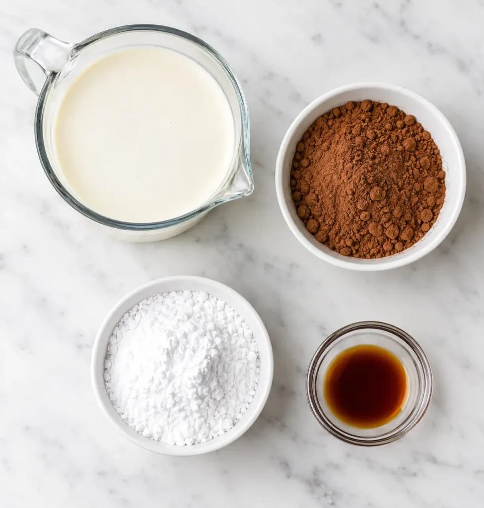 Keto Chocolate Whipped Cream 2 Ingredients for keto chocolate whipped cream recipe laid out on a marble counter