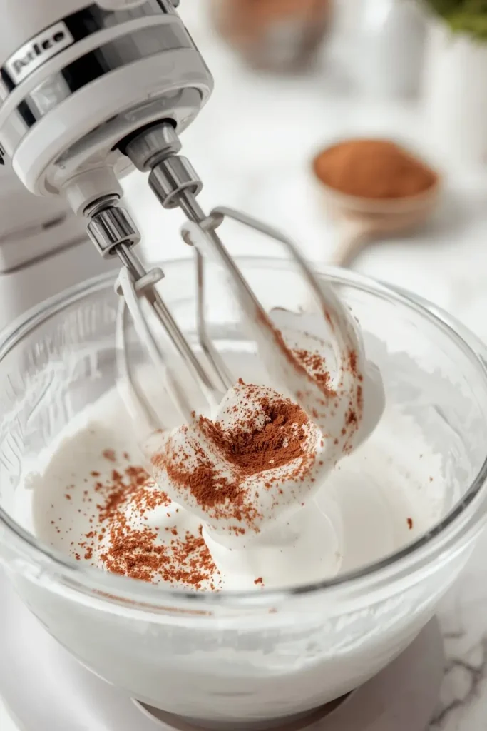 Keto Chocolate Whipped Cream 3 Electric mixer whipping keto chocolate whipped cream to stiff peaks