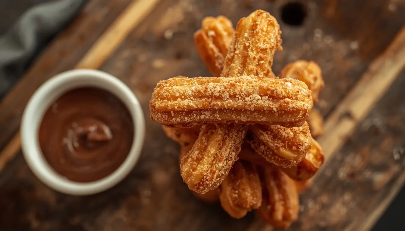 Keto Churros 1 Stack of crispy keto churros coated in cinnamon sugar with chocolate dipping sauce