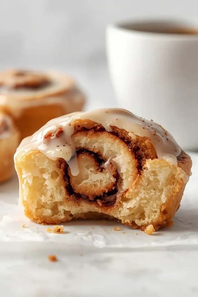 Keto Cinnamon Rolls 4 Cross-section of a keto cinnamon roll showing soft cinnamon swirl interior
