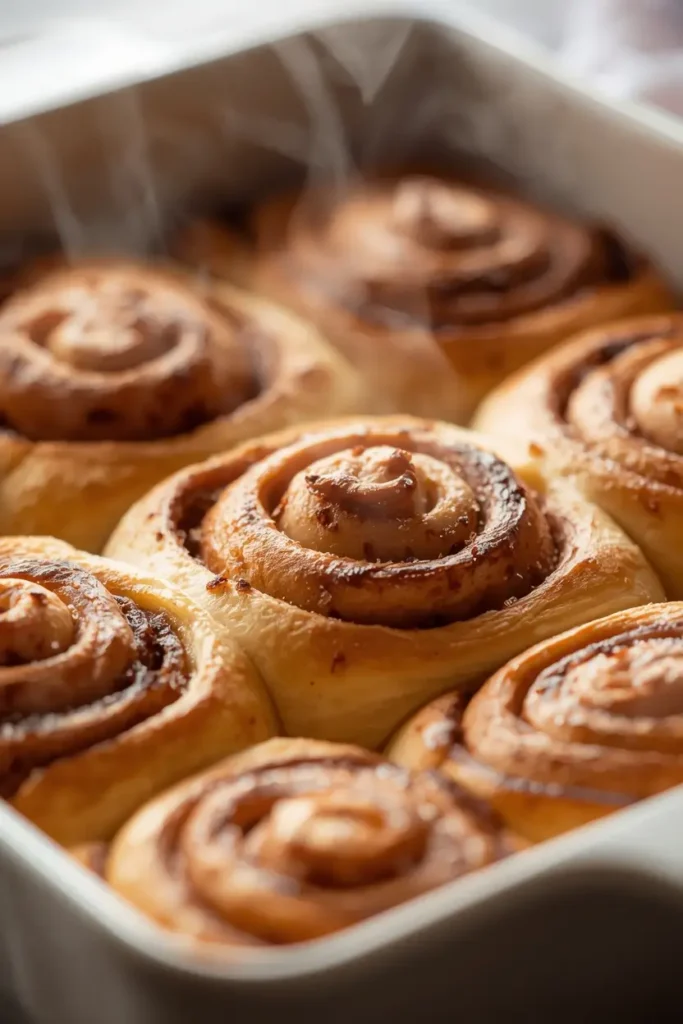 Keto Cinnamon Rolls 3 Freshly baked keto cinnamon rolls golden brown in a baking dish