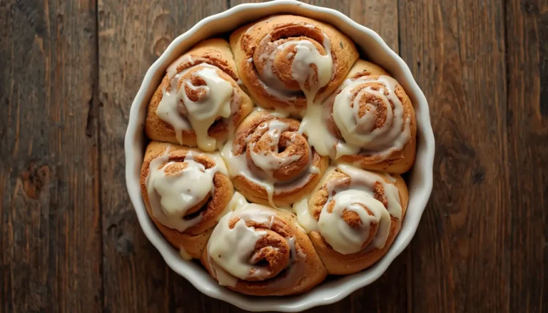 Overhead view of frosted keto cinnamon rolls in a baking dish