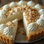 Whole keto coconut cream pie with whipped cream and toasted coconut on a wooden table