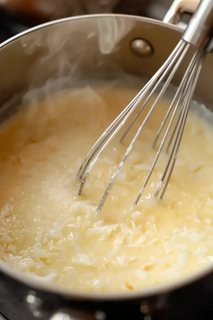 Keto Coconut Cream Pie 3 Creamy coconut custard filling being whisked in a saucepan for keto coconut cream pie