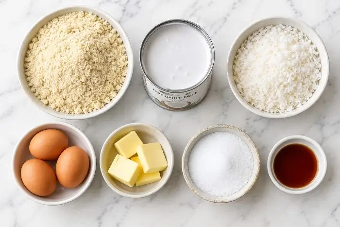 Keto Coconut Cream Pie 2 Flat lay of almond flour, coconut milk, eggs, and other ingredients for keto coconut cream pie