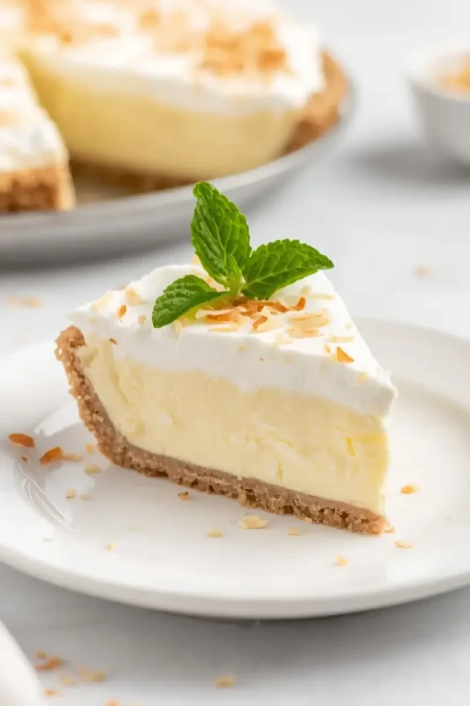 Keto Coconut Cream Pie 4 Sliced keto coconut cream pie showing crust, custard filling, and whipped cream layers