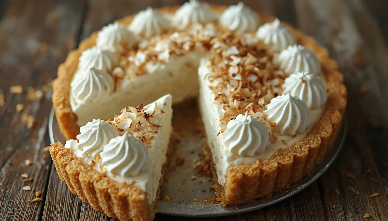 Whole keto coconut cream pie with whipped cream and toasted coconut on a wooden table