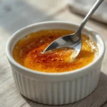 Keto creme brulee in a white ramekin with a golden caramelized sugar-free crust cracked open with a spoon