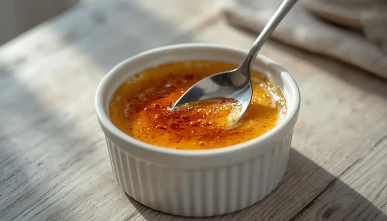 Keto creme brulee in a white ramekin with a golden caramelized sugar-free crust cracked open with a spoon
