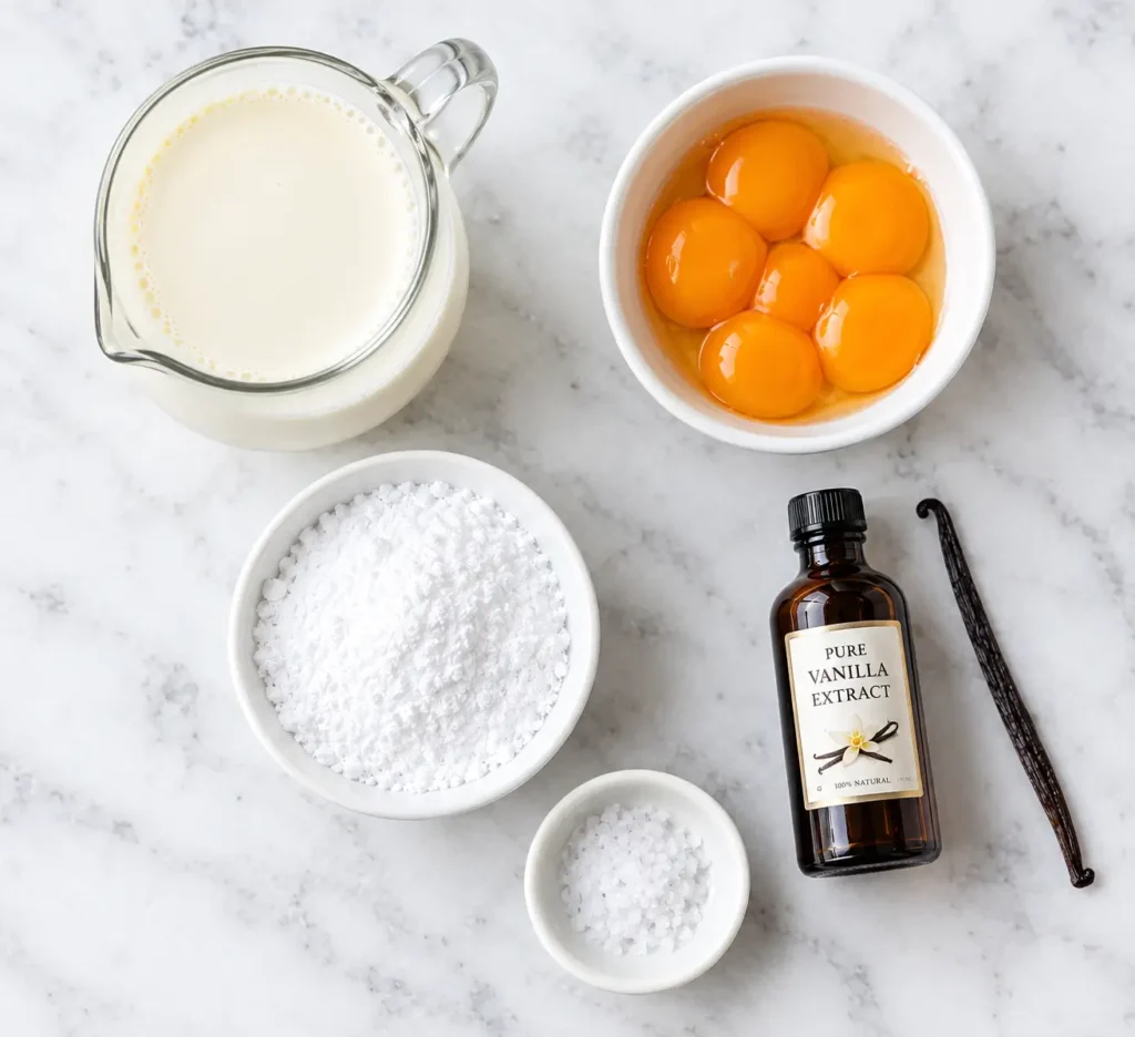 Five ingredients for a keto creme brulee recipe: heavy cream, egg yolks, powdered sweetener, vanilla extract, and sea salt