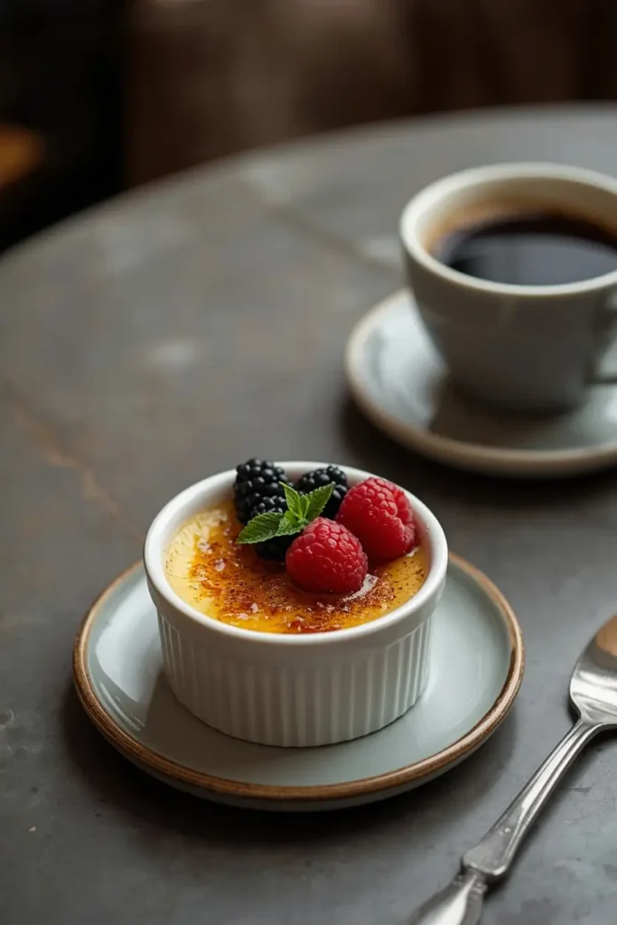 Keto creme brulee topped with fresh raspberries and blackberries served with a cup of black coffee