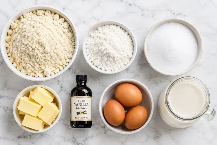 Keto Donuts 2 Ingredients for a keto donut recipe including almond flour, eggs, butter, and erythritol