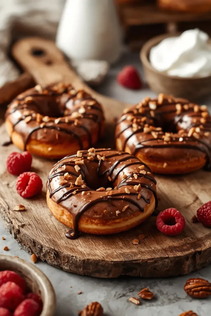 Keto Donuts 4 Keto donuts topped with sugar-free chocolate drizzle and chopped pecans