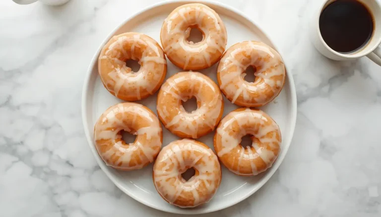 Plate of glazed keto donuts with vanilla glaze on a white marble surface