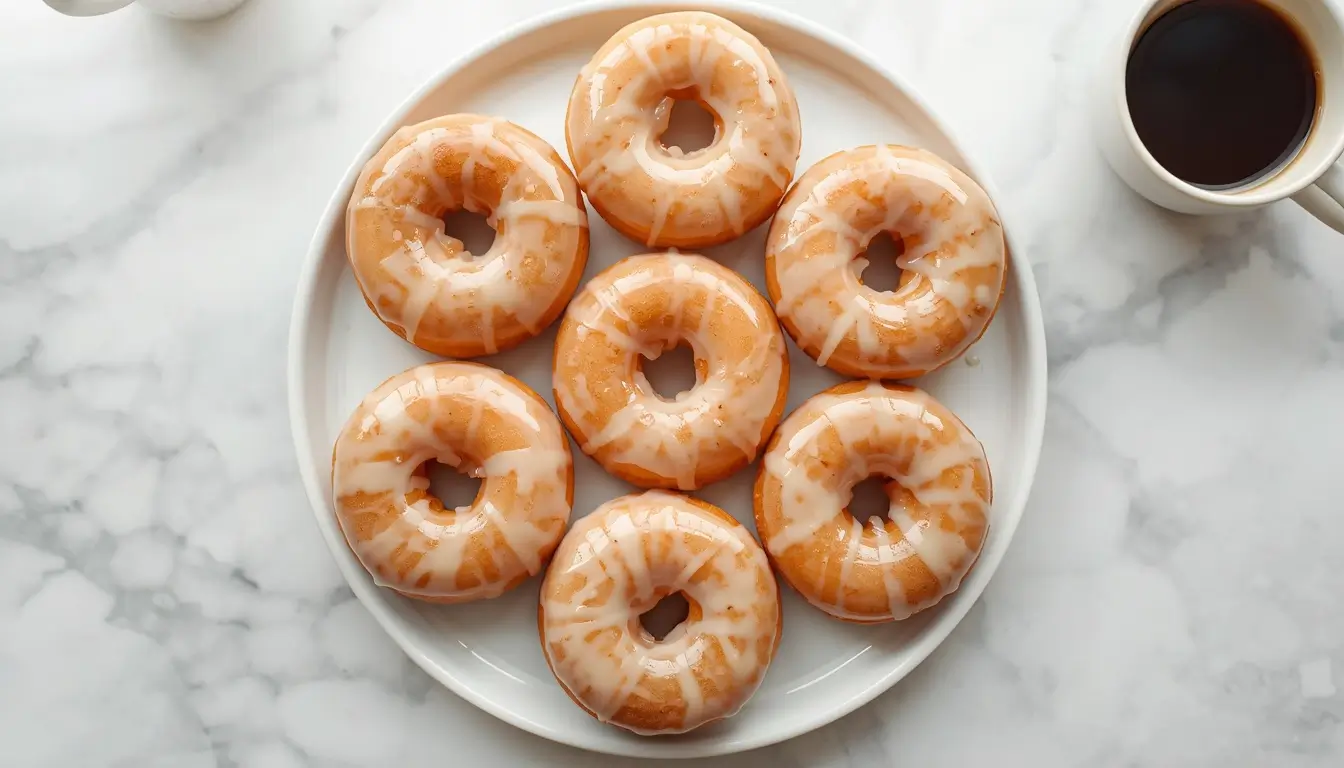 Keto Donuts 1 Plate of glazed keto donuts with vanilla glaze on a white marble surface