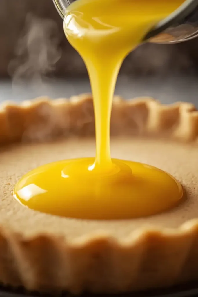 Keto Lemon Meringue Pie 3 Lemon filling being poured into crust for keto lemon meringue pie