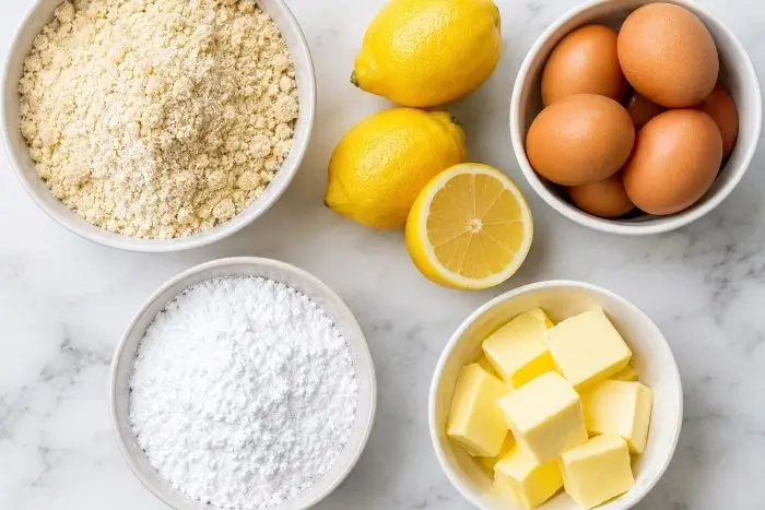 Keto Lemon Meringue Pie 2 Flatlay of ingredients for keto lemon meringue pie including lemons and almond flour