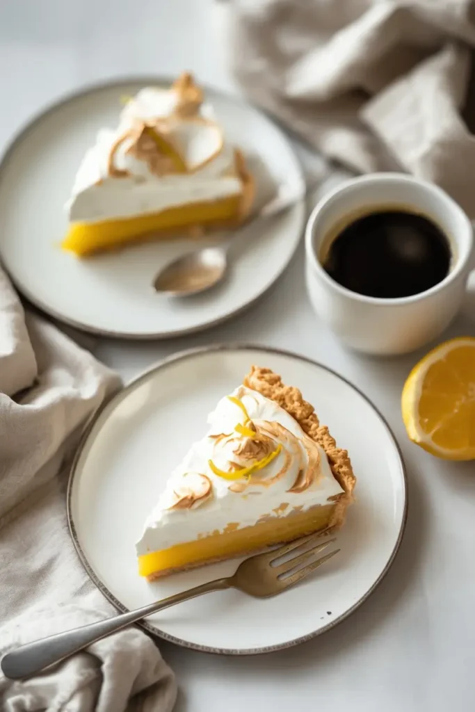 Keto Lemon Meringue Pie 5 Two servings of keto lemon meringue pie plated with coffee and lemon zest garnish