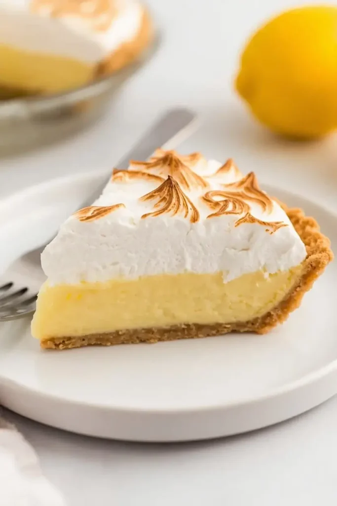 Keto Lemon Meringue Pie 4 Sliced keto lemon meringue pie showing crust, filling, and meringue layers