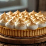 Whole keto lemon meringue pie with toasted meringue on a wooden table