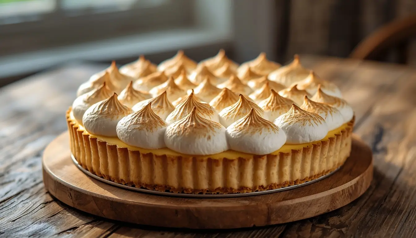Whole keto lemon meringue pie with toasted meringue on a wooden table