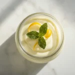 Overhead view of keto lemon mousse in a glass jar topped with lemon zest and mint