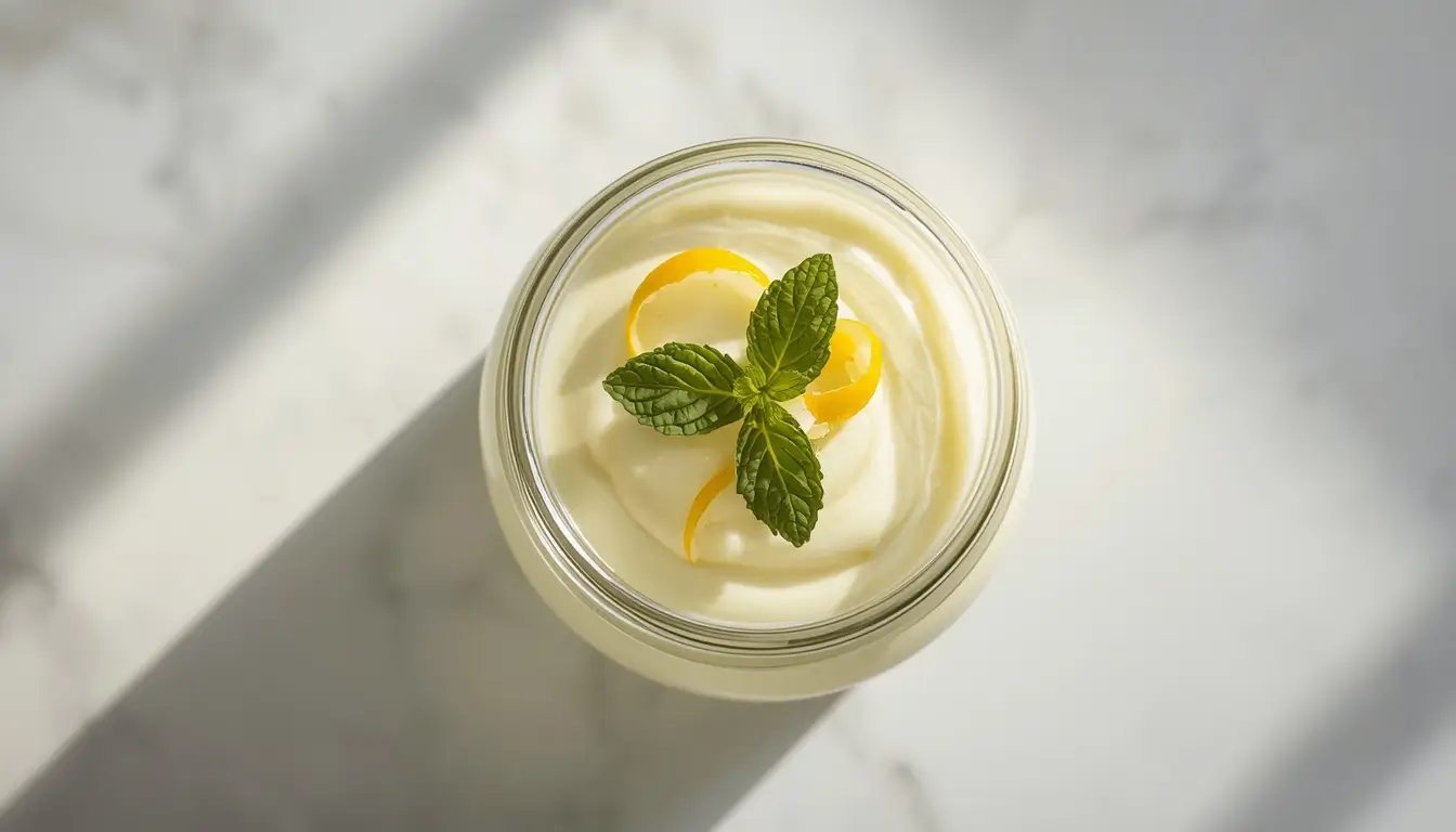 Overhead view of keto lemon mousse in a glass jar topped with lemon zest and mint