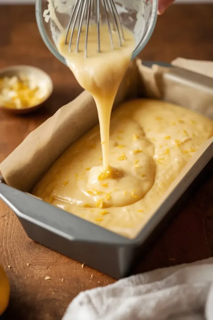 Keto Lemon Pound Cake 3 Keto lemon pound cake batter poured into a loaf pan before baking