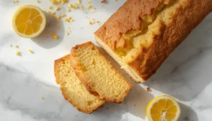 Keto Lemon Pound Cake Sliced keto lemon pound cake on a marble counter with fresh lemons