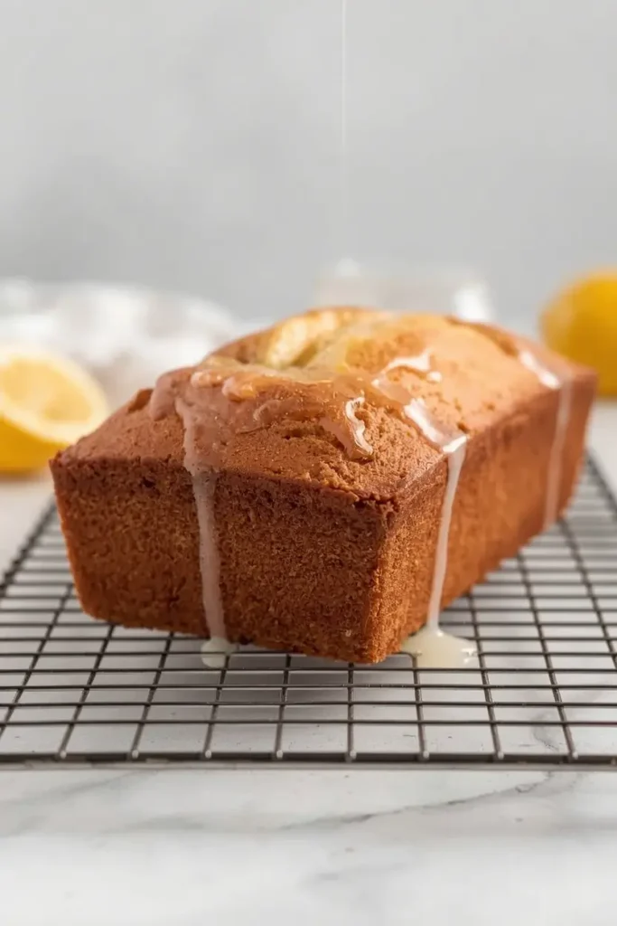 Keto Lemon Pound Cake 4 Whole baked keto lemon pound cake cooling on a wire rack with glaze