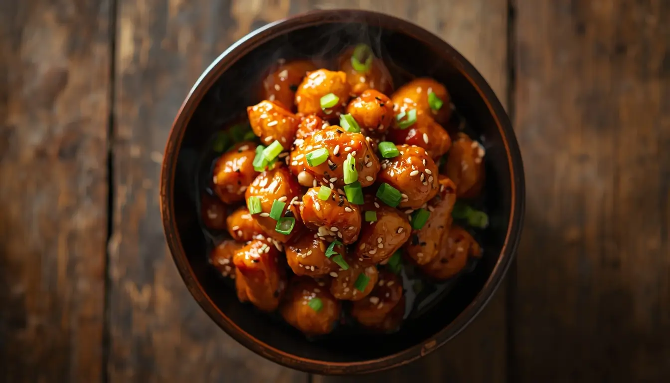 Keto Orange Chicken 1 Close-up top-down view of keto orange chicken glazed in orange sauce and garnished with sesame seeds