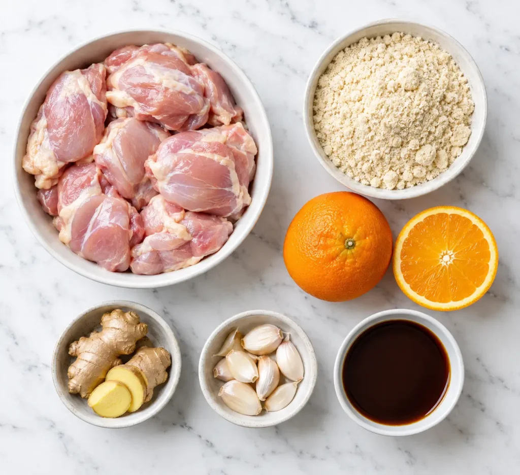 Keto Orange Chicken 2 Flat lay of fresh ingredients used to make keto orange chicken, including oranges, chicken, and almond flour