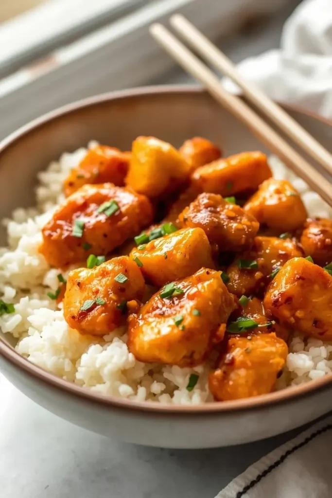 Keto Orange Chicken 4 Plated keto orange chicken over cauliflower rice, ready to serve as a low-carb dinner