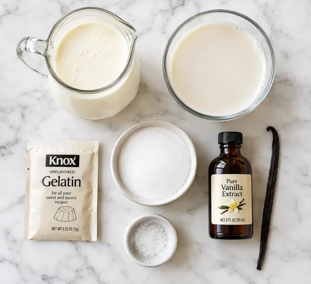 Keto Panna Cotta 2 Ingredients for keto panna cotta including heavy cream, gelatin, allulose, and vanilla