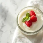 Creamy keto panna cotta in a glass ramekin topped with fresh raspberries and mint