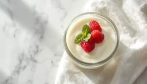 Keto Panna Cotta Creamy keto panna cotta in a glass ramekin topped with fresh raspberries and mint