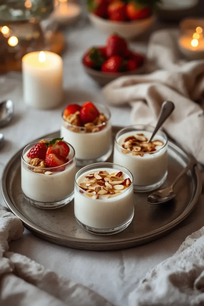 Keto Panna Cotta 4 Three glasses of keto panna cotta topped with strawberries, almonds, and caramel drizzle