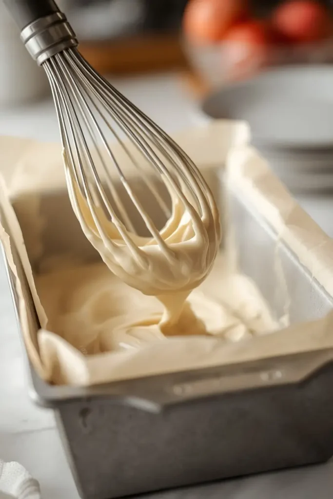 Keto Pound Cake 5 Whisk lifting keto pound cake batter over a parchment-lined loaf pan