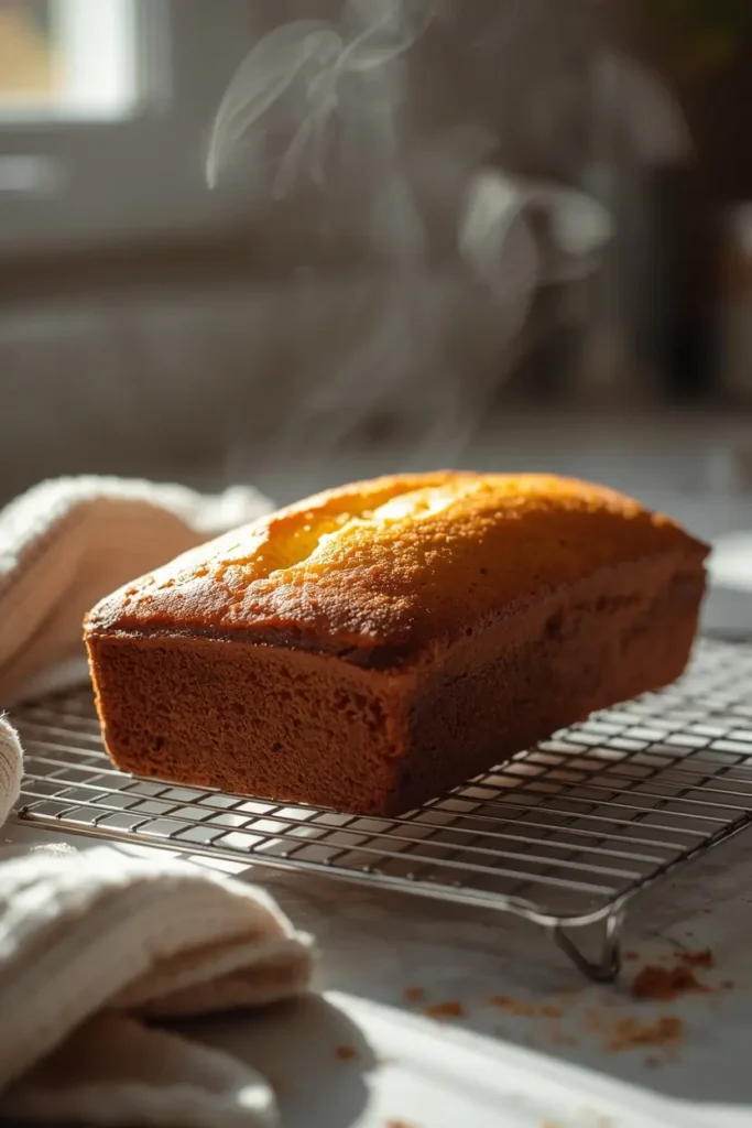 Keto Pound Cake 6 Golden keto pound cake loaf cooling on a wire rack in warm light
