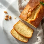 Sliced keto pound cake on a marble countertop with almonds and mint garnish