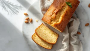 Keto Pound Cake Sliced keto pound cake on a marble countertop with almonds and mint garnish