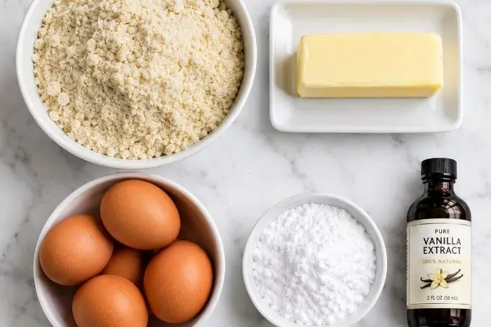 Keto Pound Cake 2 Flat lay of almond flour, butter, eggs, and erythritol for a keto pound cake recipe