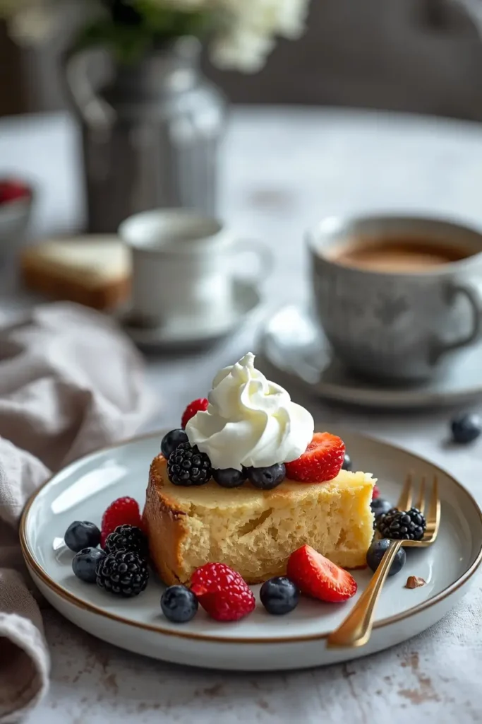 Keto Pound Cake 7 Plated slice of keto pound cake topped with berries and whipped cream next to coffee