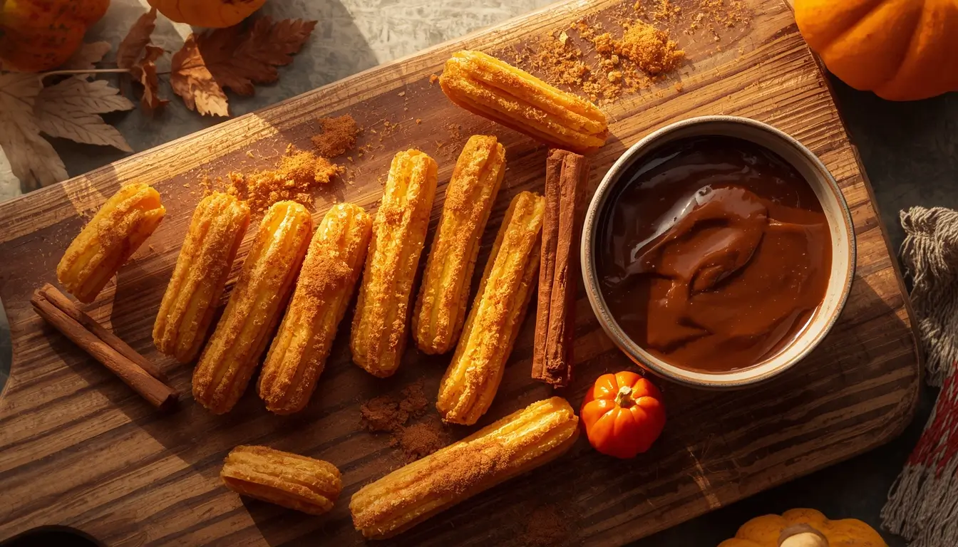 keto pumpkin churros 1 Golden cinnamon-coated keto pumpkin churros on a wooden board with chocolate dipping sauce