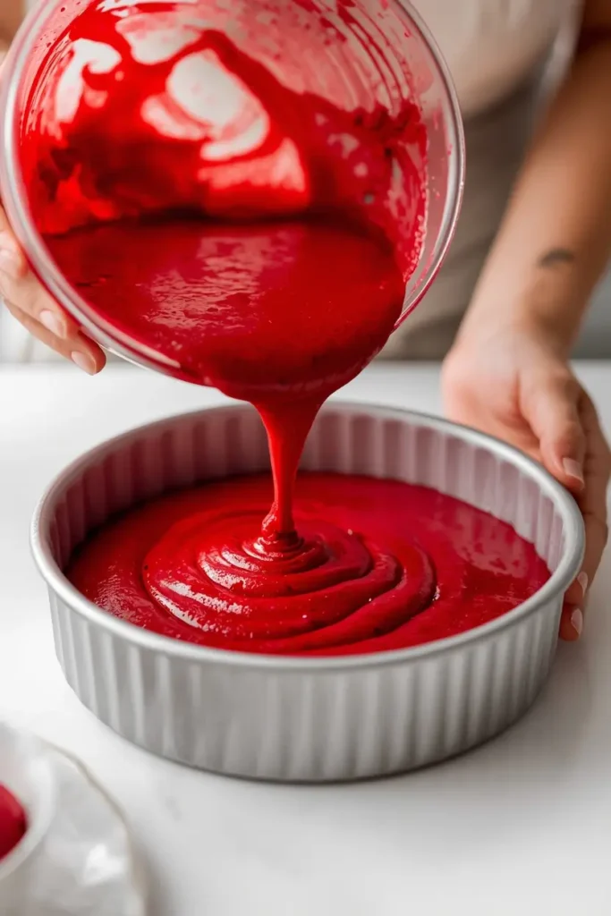 Keto Red Velvet Cake 3 Pouring red velvet cake batter into a pan for a keto red velvet cake