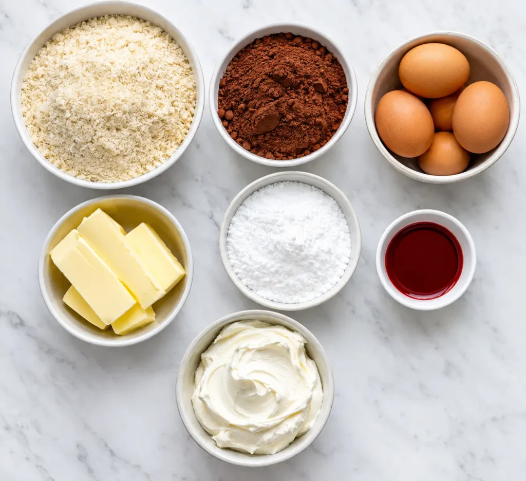 Keto Red Velvet Cake 2 Ingredients for keto red velvet cake including almond flour, cocoa powder, and cream cheese