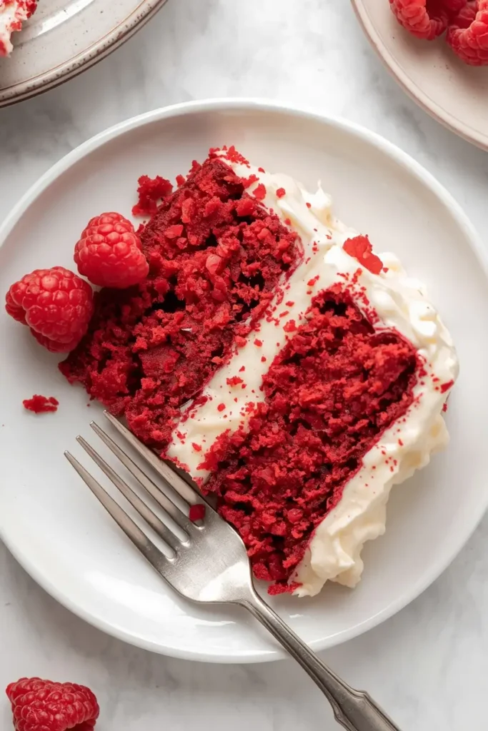 Keto Red Velvet Cake 4 Slice of keto red velvet cake showing moist red layers and cream cheese frosting